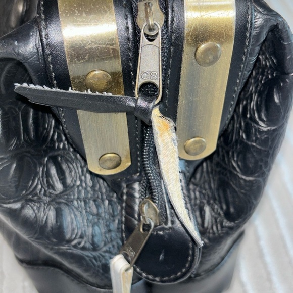 CHENSON Black Croc Pattern Faux Leather Doctor‎ Satchel Purse Bag Brass Trim - Picture 6 of 16